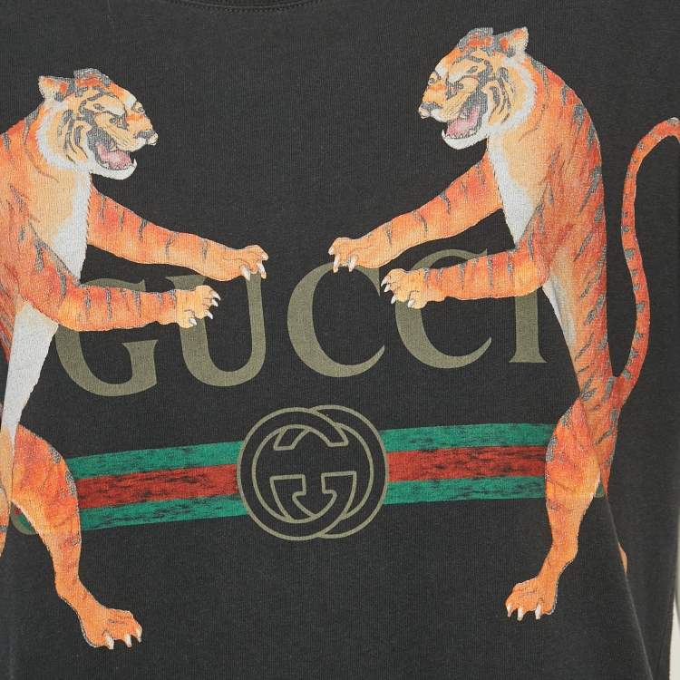 Pre Owned Gucci Black Tiger Vintage Logo Print Jersey Distressed T-Shirt XS