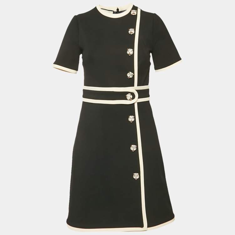 Pre Owned Gucci Black Crepe Contrast Trimmed Tiger Button Detail Crepe Mini Dress S