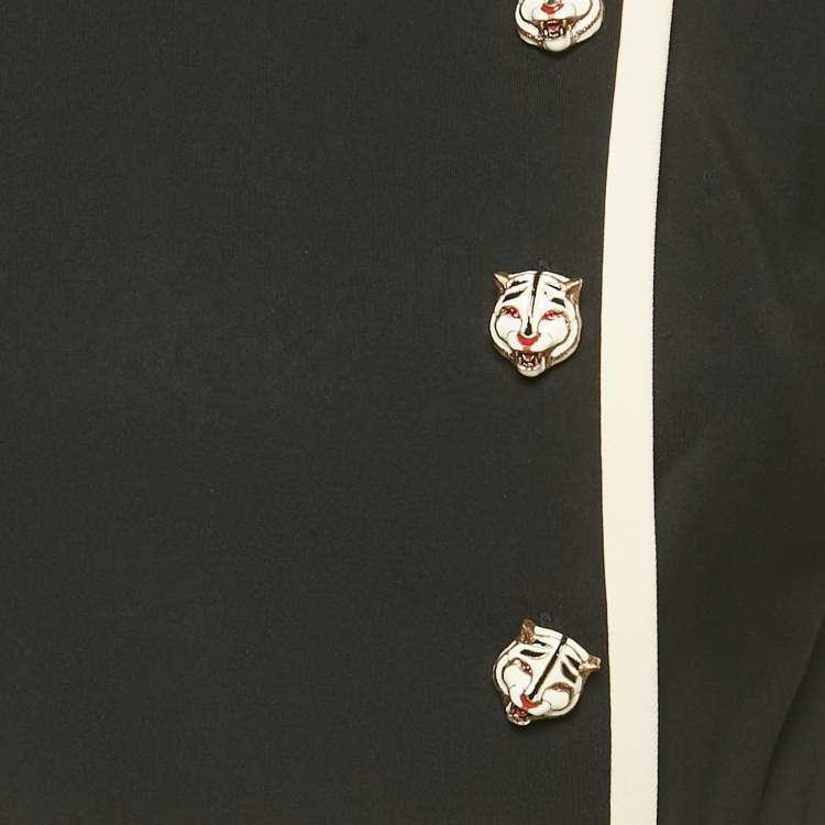 Pre Owned Gucci Black Crepe Contrast Trimmed Tiger Button Detail Crepe Mini Dress S