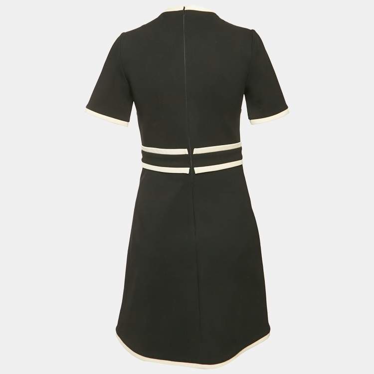 Pre Owned Gucci Black Crepe Contrast Trimmed Tiger Button Detail Crepe Mini Dress S