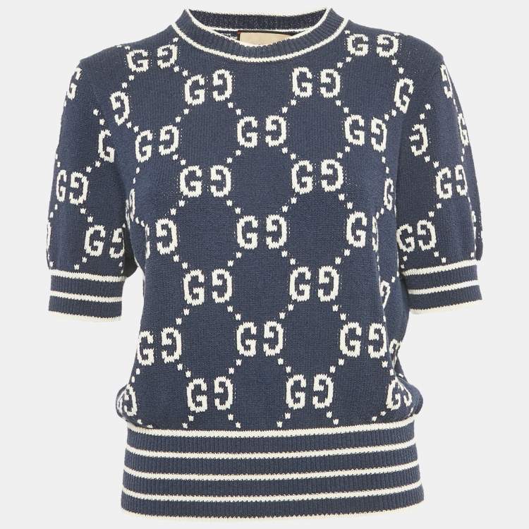 Pre Owned Gucci Navy Blue GG Intarsia Knit Sweater XL 