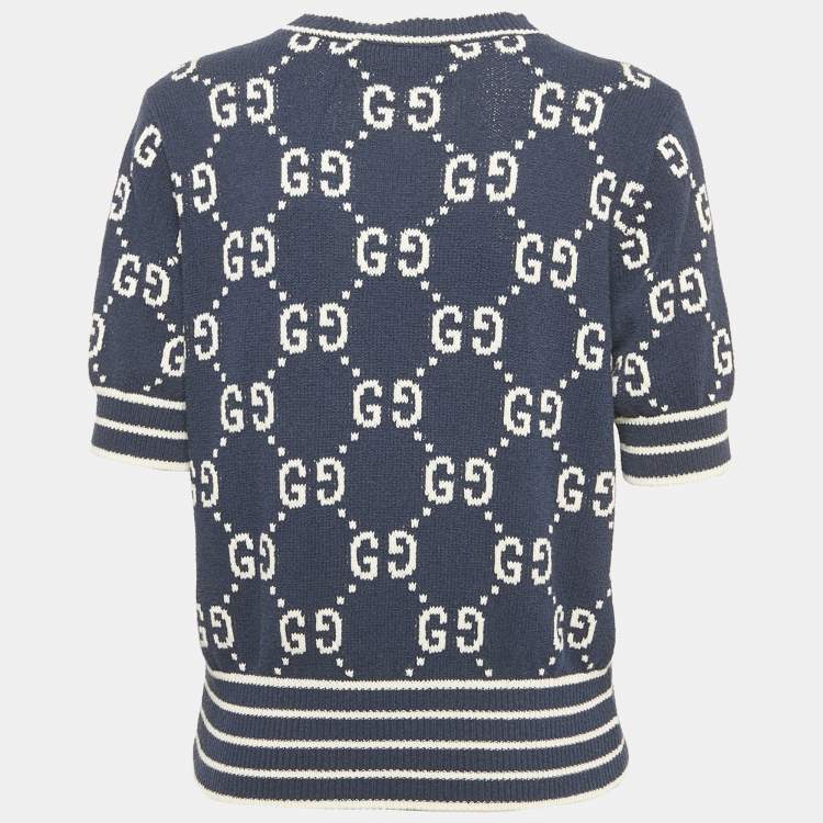 Pre Owned Gucci Navy Blue GG Intarsia Knit Sweater XL 