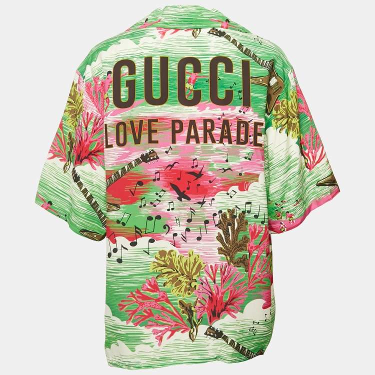 Pre Owned Gucci Green Love Parade Print Crepe Short Half Sleeve Shirt M