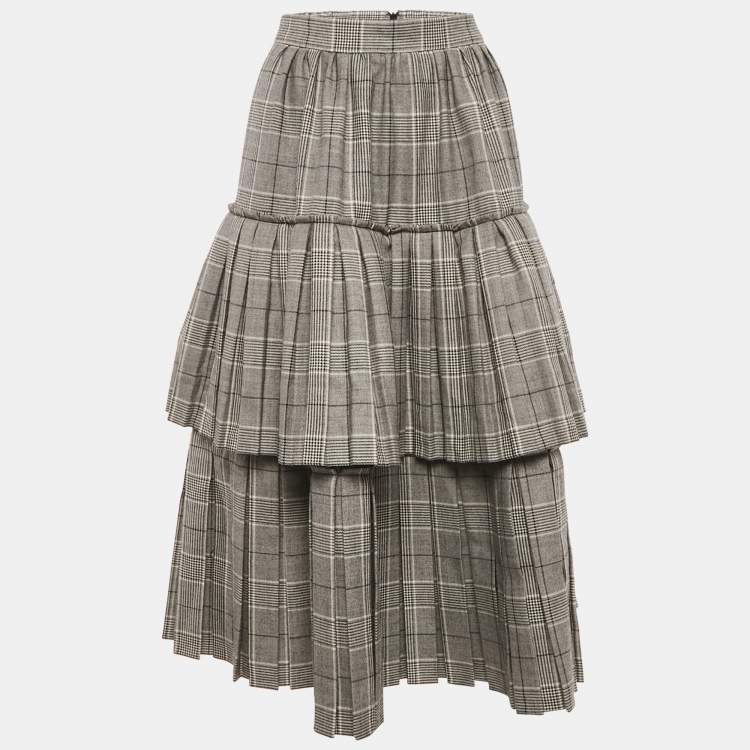 Pre Owned Gucci Monochrome Prince Of Wales Wool Tiered Midi Skirt M