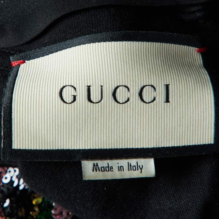 Pre Owned Gucci Black Logo Print Sequined Embellished Collar T-Shirt XS