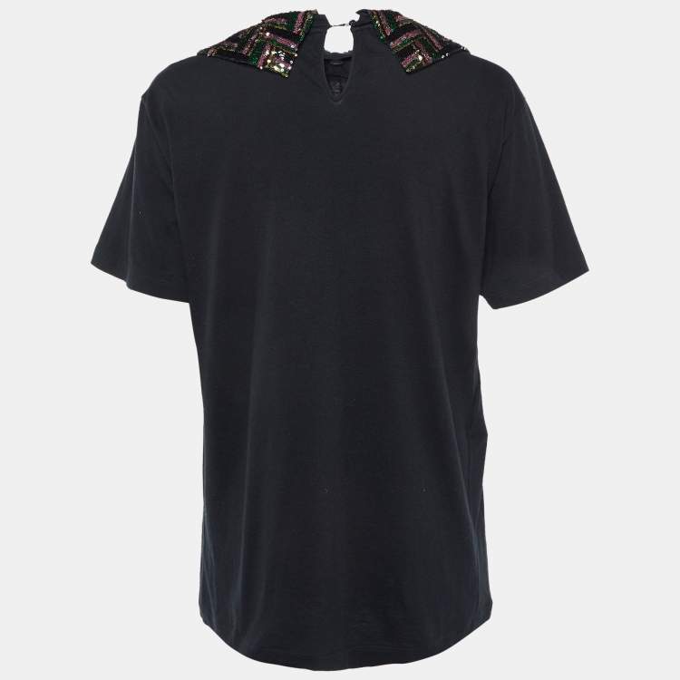 Pre Owned Gucci Black Logo Print Sequined Embellished Collar T-Shirt XS