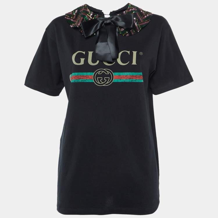 Pre Owned Gucci Black Logo Print Sequined Embellished Collar T-Shirt XS