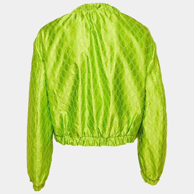 Pre Owned Gucci Green GG Supreme Embroidery Silk Zip-Up Jacket M