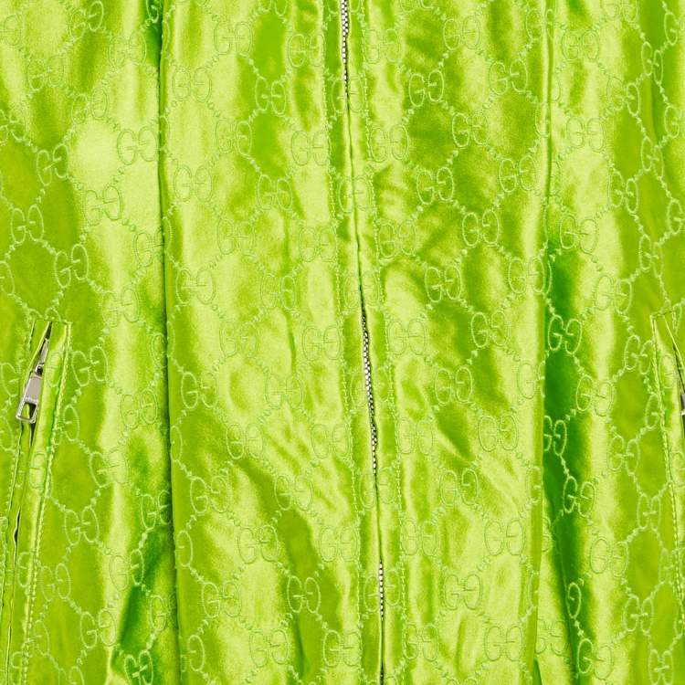Pre Owned Gucci Green GG Supreme Embroidery Silk Zip-Up Jacket M