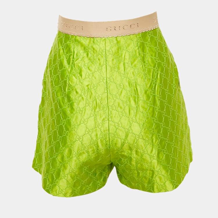 Pre Owned Gucci Green Logo Embroidery Silk Short M