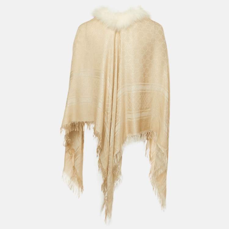 Pre Owned Gucci Beige Fur Trim Lamé Wool Poncho One Size 