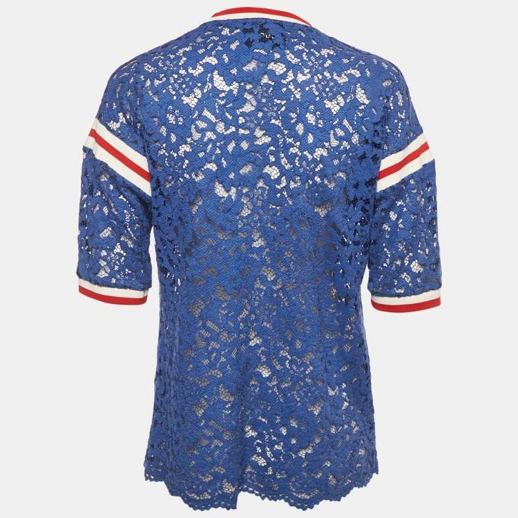 Pre Owned Gucci Blue Butterfly Applique Lace Crewneck T-Shirt L