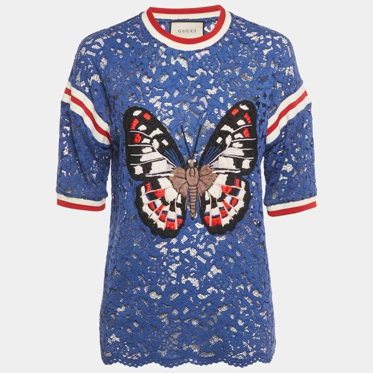Pre Owned Gucci Blue Butterfly Applique Lace Crewneck T-Shirt L