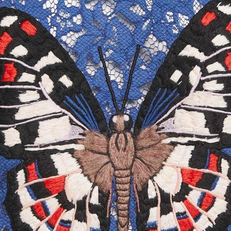 Pre Owned Gucci Blue Butterfly Applique Lace Crewneck T-Shirt L