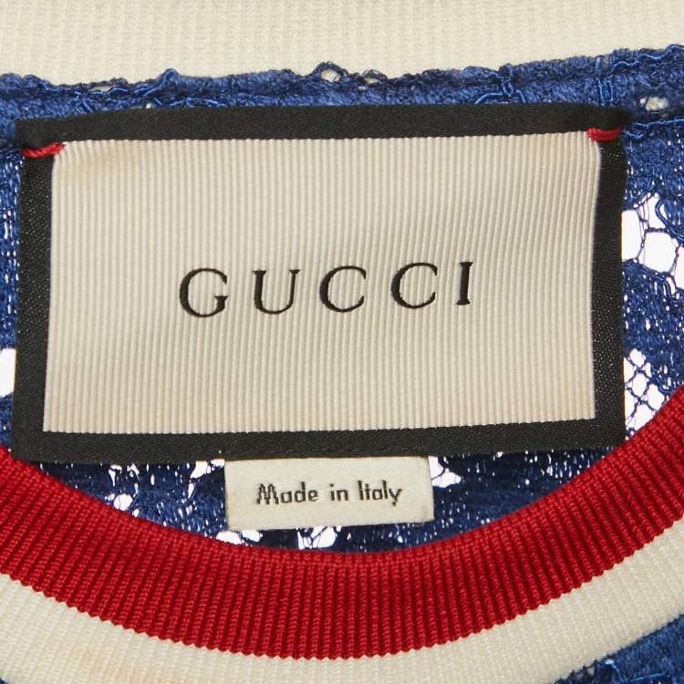 Pre Owned Gucci Blue Butterfly Applique Lace Crewneck T-Shirt L