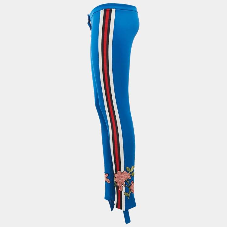 Pre Owned Gucci Blue Floral Applique Jersey Stirrup Trousers XS