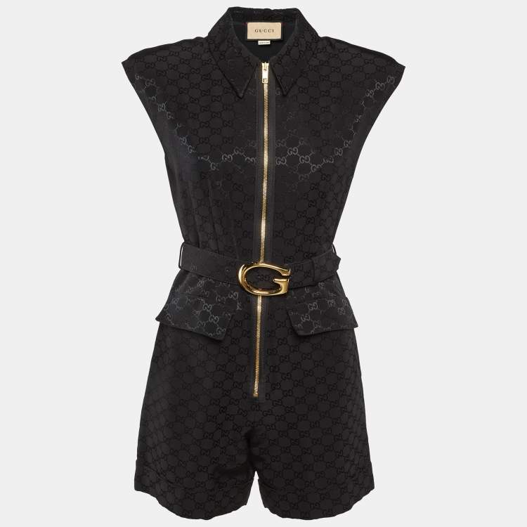 Pre Owned Gucci Black GG Jacquard Faille Belted Playsuit S