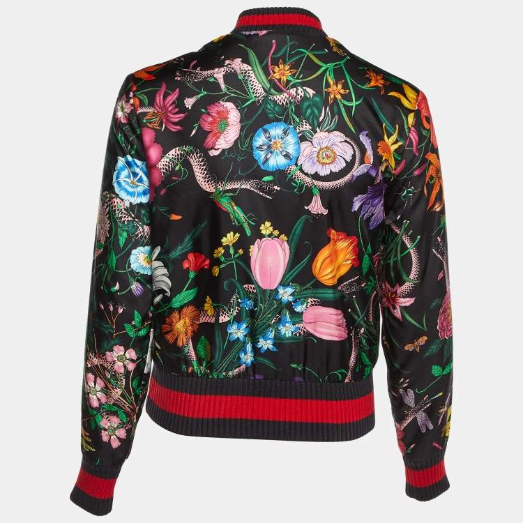 Pre Owned Gucci Black Floral Printed Silk Bomber Jacket S 