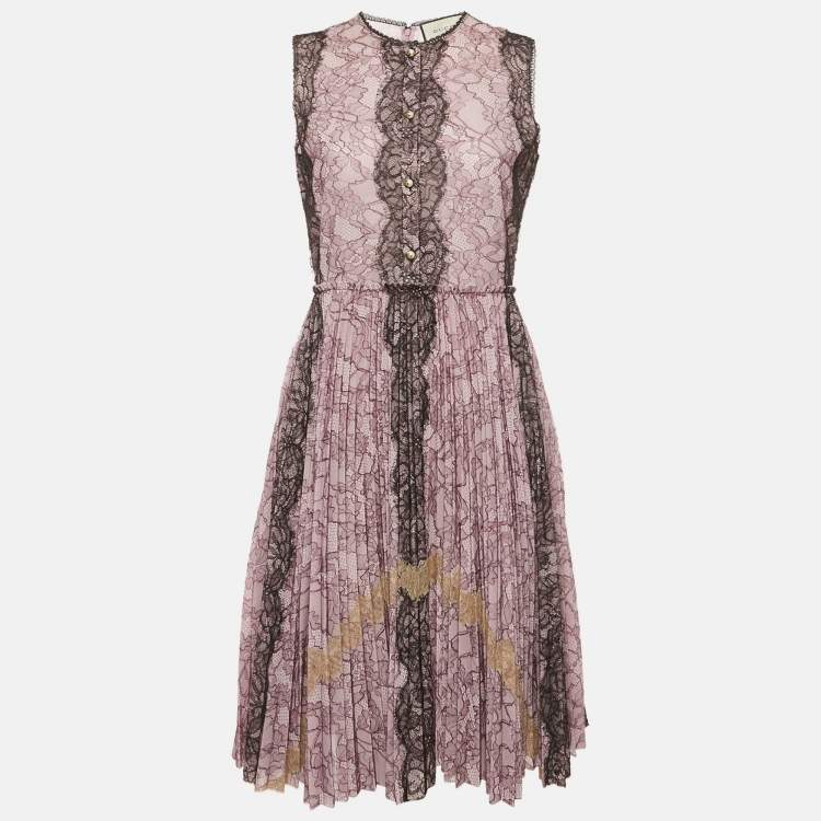 Pre Owned Gucci Purple Lace Pleated Midi Dress M