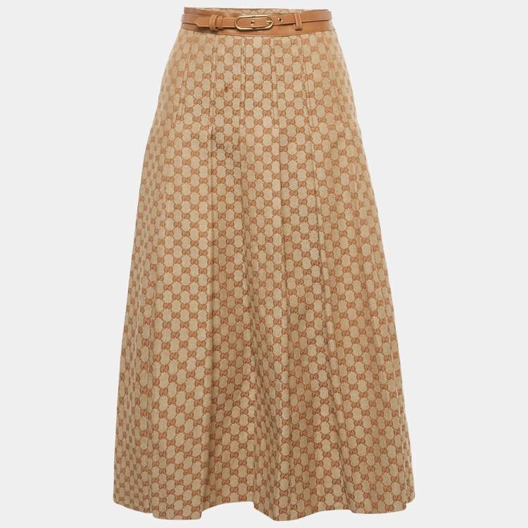 Pre Owned Gucci Brown GG Canvas Pleated Midi Dress S