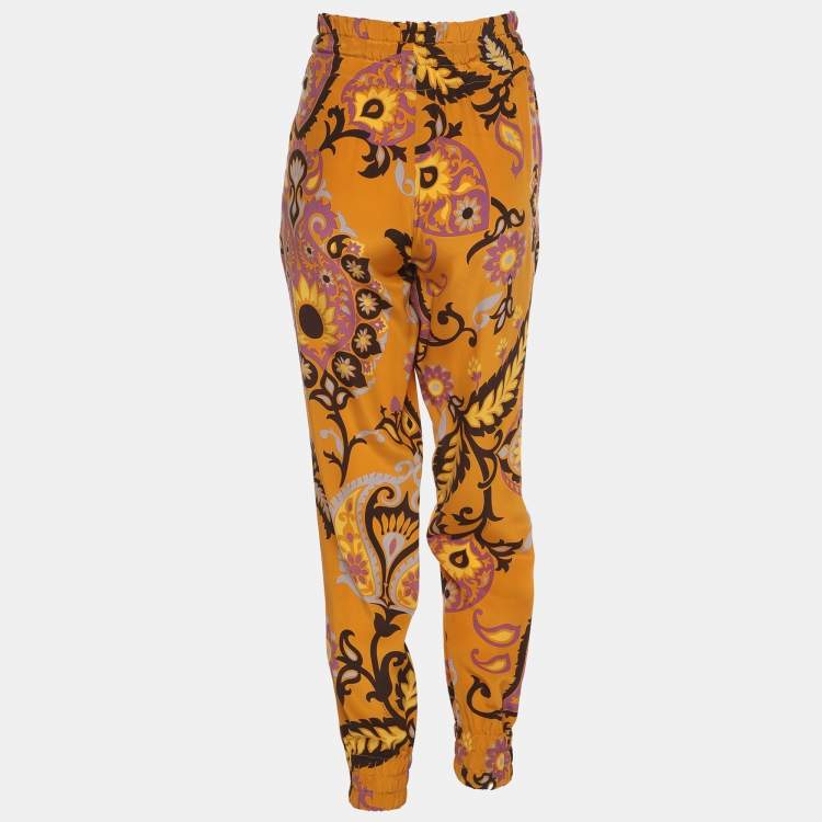 Pre Owned Gucci Ochre Yellow Paisley Printed Silk Elasticized Waist Jogger Pants S