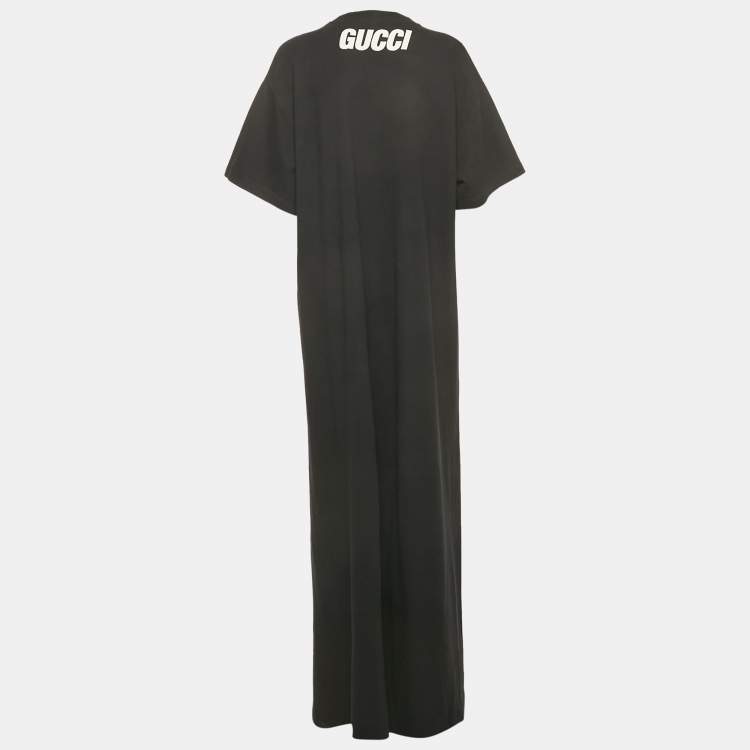 Pre Owned Gucci Black Floral Applique Cotton Maxi Dress L 