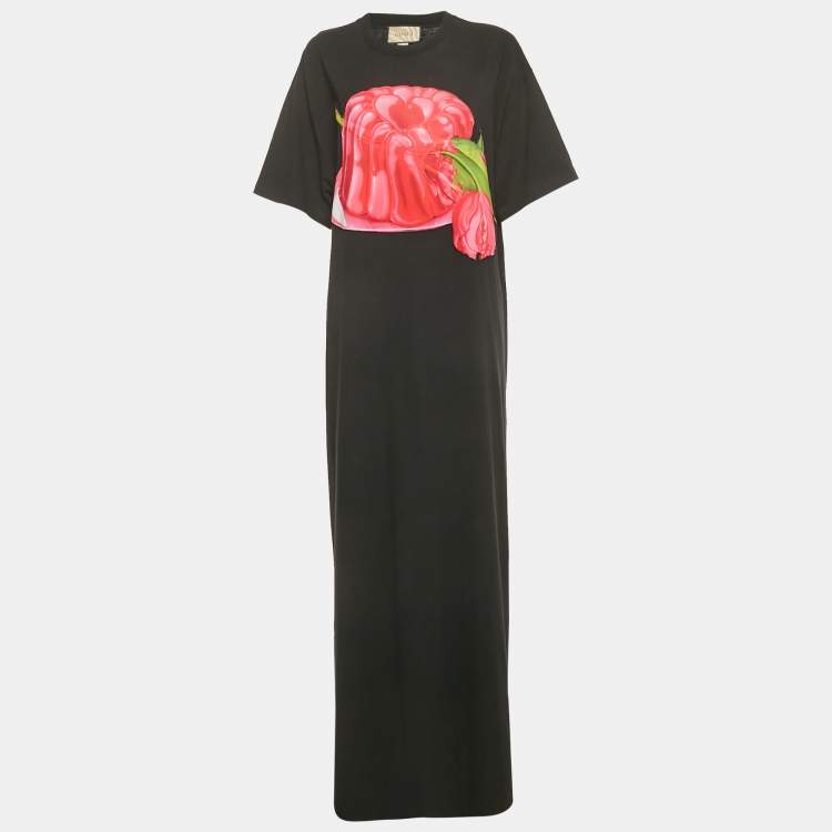 Pre Owned Gucci Black Floral Applique Cotton Maxi Dress L 