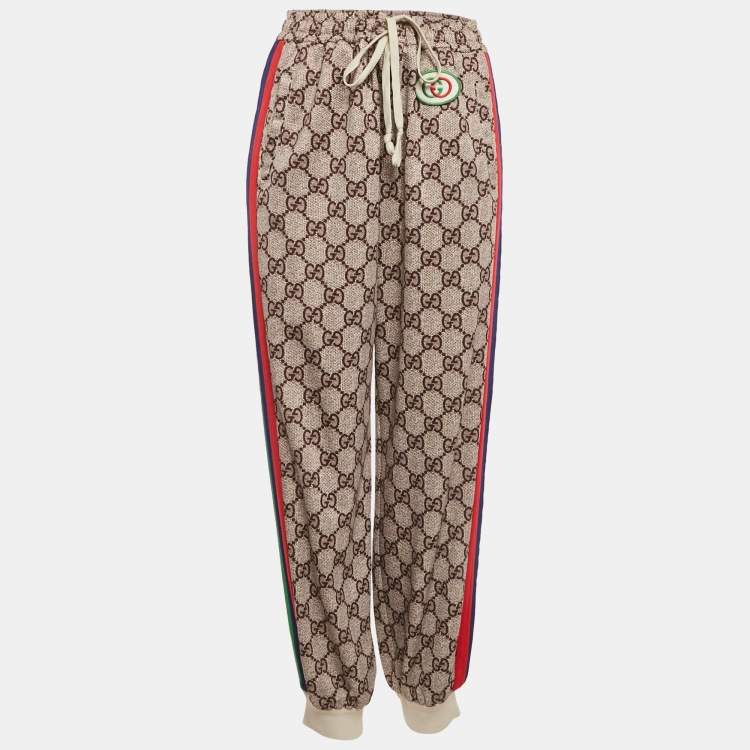 Pre Owned Gucci Cream GG Supreme Print  Jersey Track Pants L