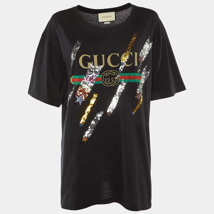 Pre Owned Gucci Black Logo Printed Cotton Knit Sequin Embellished T-Shirt XL
