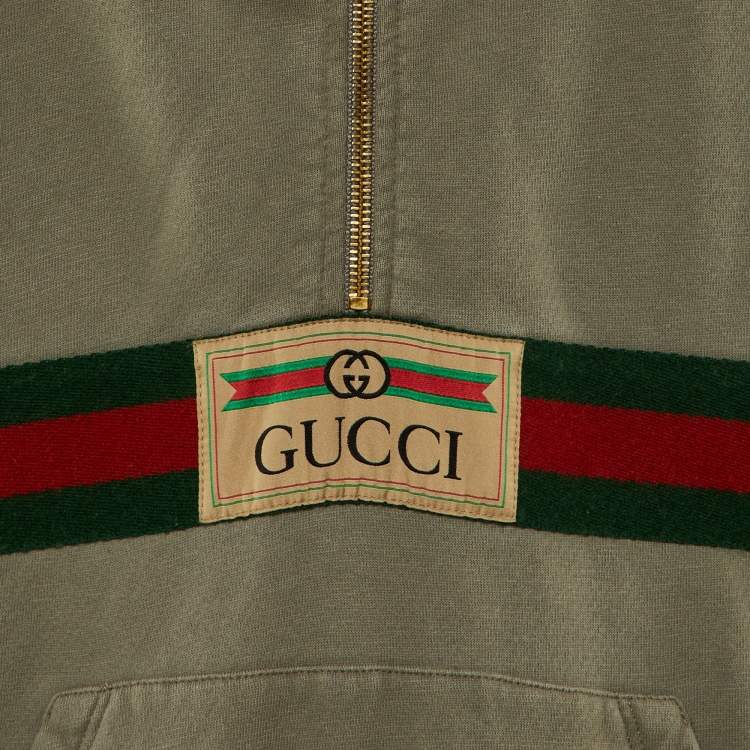 Pre Owned Gucci Grey Cotton Knit Logo Stripe Detail Oversized Hoodie XS