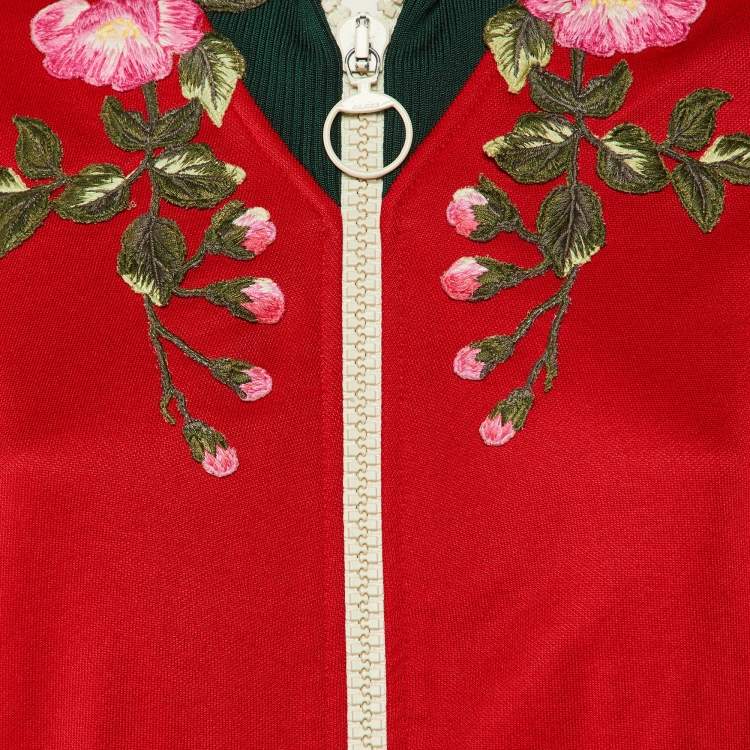 Pre Owned Gucci Red Cotton Blend Knit Floral Patch Detail Zip-Up Jacket S