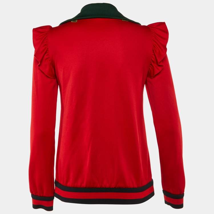 Pre Owned Gucci Red Cotton Blend Knit Floral Patch Detail Zip-Up Jacket S