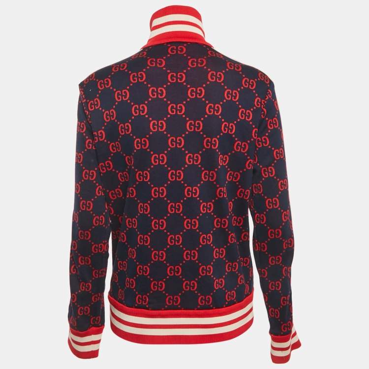 Pre Owned Gucci Navy Blue GG Monogram Print Cotton Knit Zip -Up Jacket M