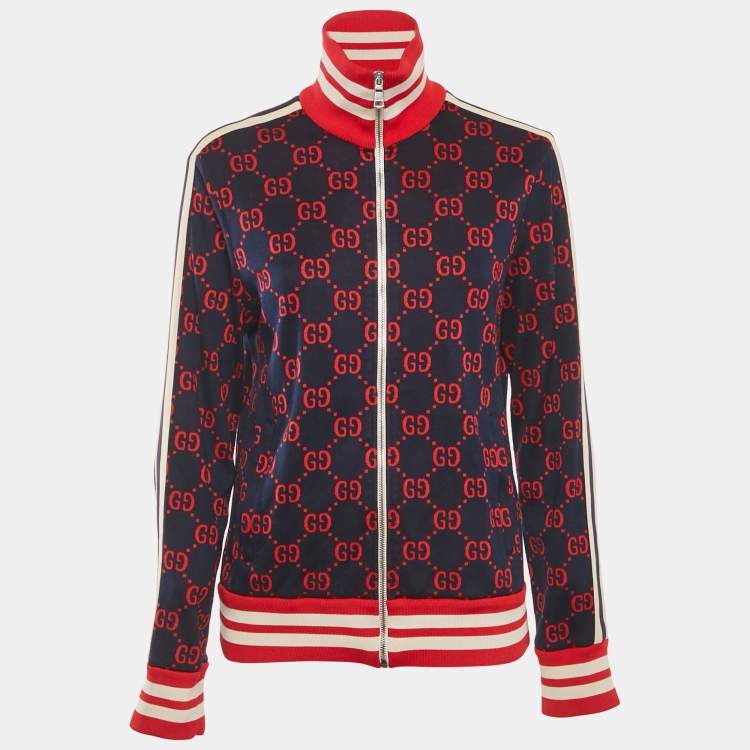 Pre Owned Gucci Navy Blue GG Monogram Print Cotton Knit Zip -Up Jacket M