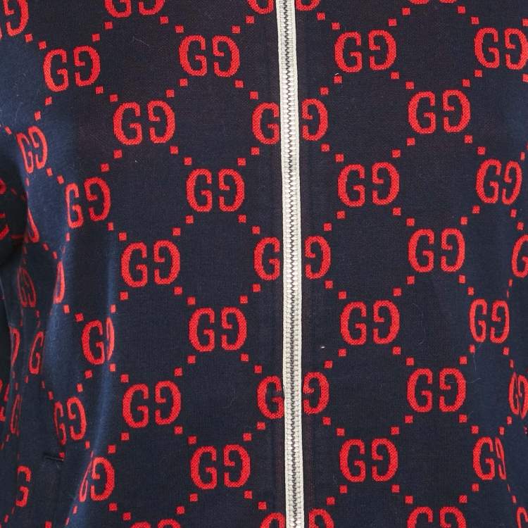 Pre Owned Gucci Navy Blue GG Monogram Print Cotton Knit Zip -Up Jacket M