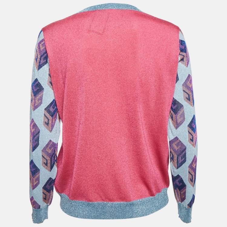 Pre Owned Gucci Pink/Blue Tiger Intarsia Lamé Knit Crew Neck Pullover XL
