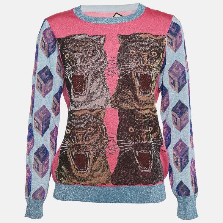 Pre Owned Gucci Pink/Blue Tiger Intarsia Lamé Knit Crew Neck Pullover XL