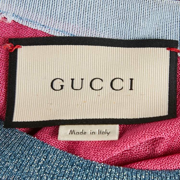Pre Owned Gucci Pink/Blue Tiger Intarsia Lamé Knit Crew Neck Pullover XL