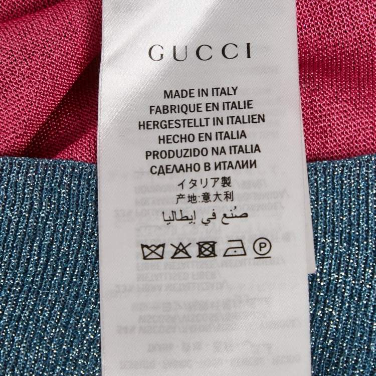 Pre Owned Gucci Pink/Blue Tiger Intarsia Lamé Knit Crew Neck Pullover XL