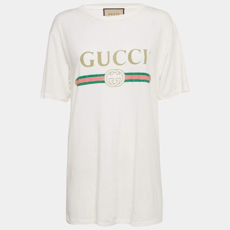 Pre Owned Gucci White Vintage Logo Print Jersey Distressed T-Shirt S