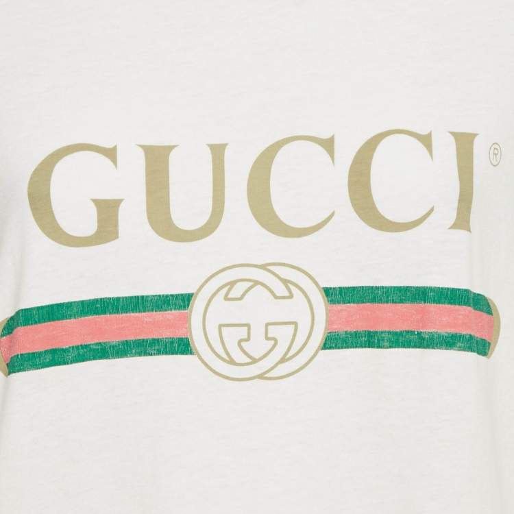 Pre Owned Gucci White Vintage Logo Print Jersey Distressed T-Shirt S