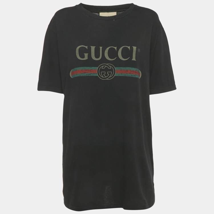 Pre Owned Gucci Black Vintage Logo Print Jersey Distressed T-Shirt M