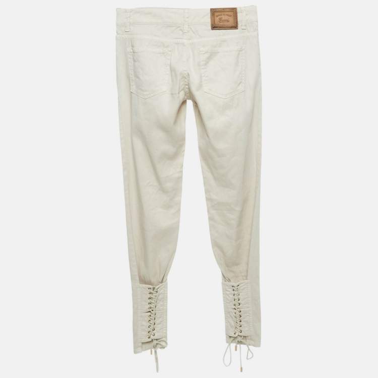 Pre Owned Gucci Beige Linen Blend Lace-Up Hem Skinny Jeans S Waist 29"