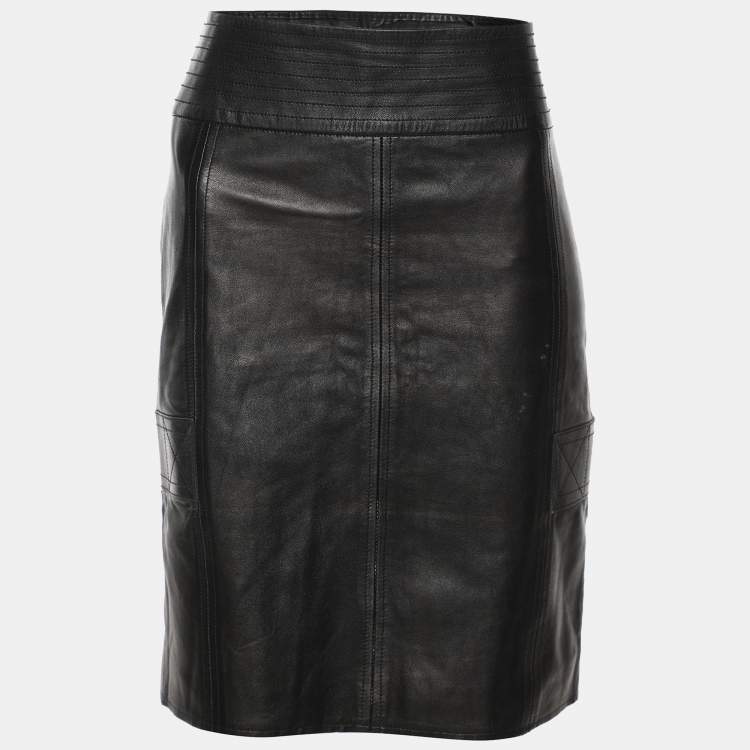Pre Owned Gucci Black Leather Midi Skirt M