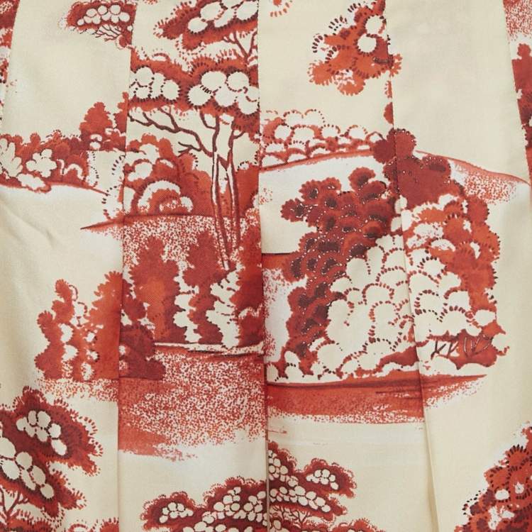 Pre Owned Gucci Cream/Red Floral Print Silk Pleated Midi Skirt M