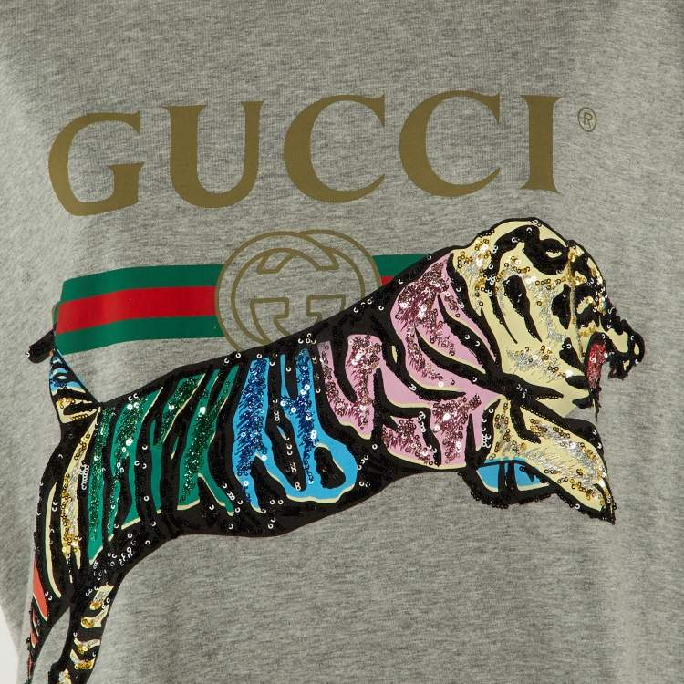 Pre Owned Gucci Grey Cotton Tiger Embellished Crew Neck T-Shirt L
