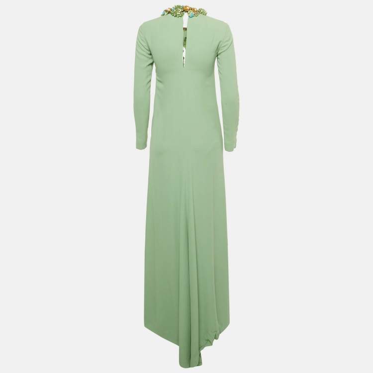 Pre Owned Gucci Mint Green Neck Embellished Silk Long Sleeve Maxi Dress S