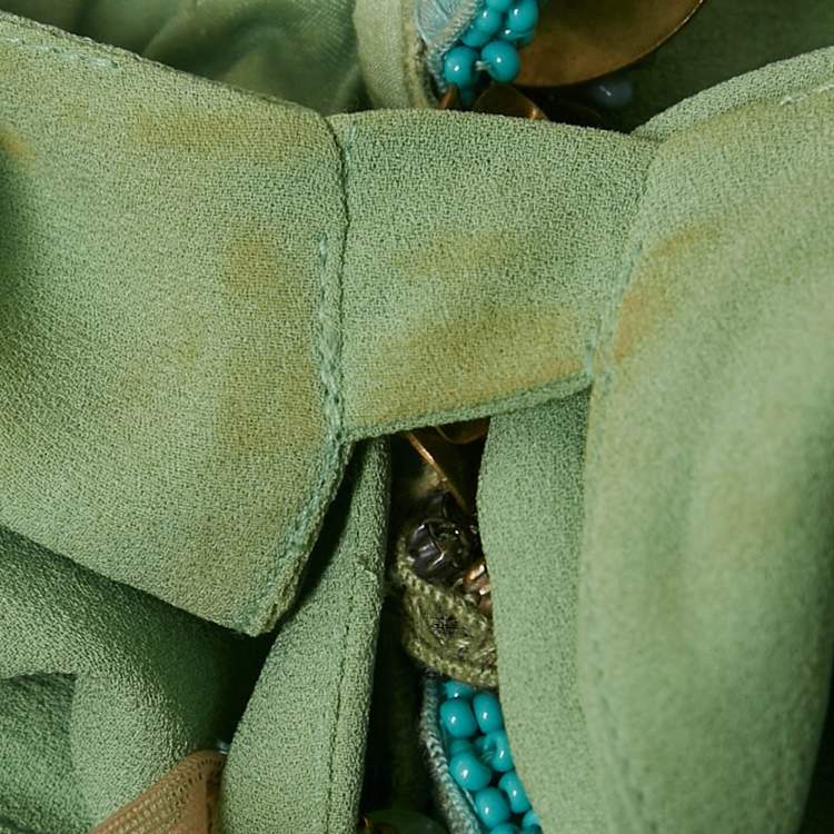 Pre Owned Gucci Mint Green Neck Embellished Silk Long Sleeve Maxi Dress S