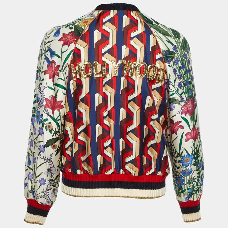 Pre Owned Gucci Multicolor Floral Sequined Printed Silk Bomber Jacket S