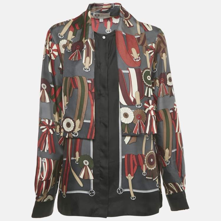Pre Owned Gucci Vintage Grey Printed Silk Neck Tie Detail Blouse L